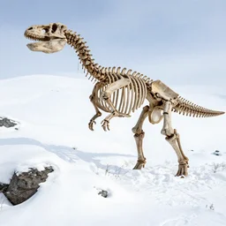 snow landscape with gigantic dinosaur skeleton fossile bones half burried in snow