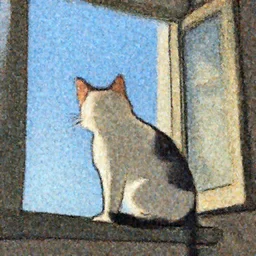 cat with a black spot on her trunk in an old house with a window next to the blue sky , trending on artstation, trending on deviantart
