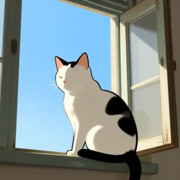 cat with a black spot on her trunk in an old house with a window next to the blue sky , trending on artstation, trending on deviantart