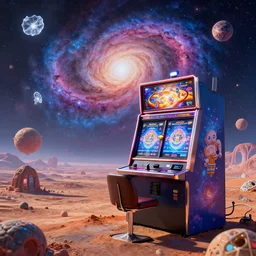 a Japanese Internet cafe with a slots machine theme, Little planet, An Odyssey Beyond Reality, cinematic, hyper realism, high detail, octane render, unreal engine, 8k, vibrant color, from the spirals of galaxies to the hexagonal shapes of snow crystals!, a desolate alien world full of rich colors!!, unique architecture, by andrea chiampo and chet zar