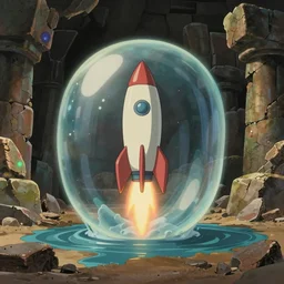 realistic interior shot from howls moving castle ( 2 0 0 4 ) of a scientist rocketing out of a cubic bubble in a crumbling flooded desert monument valley stonehenge cartoon depth of field.
