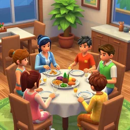 little ai copies of a families playing out the motions of a dinner, the sims 1 graphics