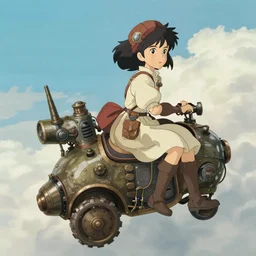 a girl in steampunk dress riding on a mecha gadget, flying across sky, natural lighting, intricate details, cozy atmosphere, matte painting, illustration, hayao miyazaki