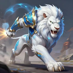 concept art of portrait of a white anthropomorphic lion with dragon armor blue neon and gold, launching an attack!!, running to the camera!!, like a heroes of the storm, movie style, anime by artgerm and greg rutkowski and magali villeneuve and league of legends concept artists