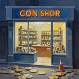 modern coin shop and lots of coins. cinematic. intricately detailed acrylic painting