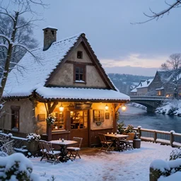 beautiful warm tavern seen from the outside during a snowy day, middle age, river crossed by a bridge next to the tavern, crepuscular light, trending on artstation, sharp details