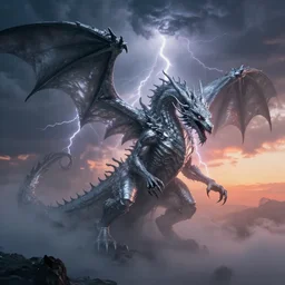 a concept art of a silver mercury cthulhu dragon emerging from a thuderstorm, lightning strikes, thalassophobia, lovecraftian, by daytoner daniel hahn, hr giger, wadim kashin, jeremy mann, highly detailed, sunset, dramatic lighting, octane render, c 4 d, artstation, hd, clear, sharp, ominous, misty, unsettling, 8