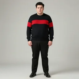 A chubby white clean-shaven british man with pale skin and black hair is wearing a black sweater and black dress pants and black shoes. The sweater has a single horizontal red strip going across the front.m