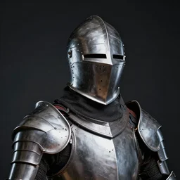 portrait of a knight in armor, studio lighting, dark background, open helmet with face visible, photorealistic style