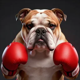 centered detailed portrait of a bulldog in boxing gloves, realistic concept, gazing eyes, video game art, fantasy, illustration, slender symmetrical face and body, artstation, cinematic lighting, hyperdetailed, cgsociety, 8 k, octane render, golden ratio, postprocessing,
