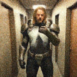 Norman Reedus taking a selfie in the backrooms hallway wearing Death Stranding poster power armor, liminal space hallway, backrooms, selfie photo