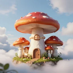 mushroom designed as a house, fantasy land clouds, octane render, volumetric, unreal engine