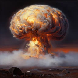 giant atomic nuclear war explosion cloud on neptune graveyard wasteland  with fog during moody sunset  , panoramic cinematic very sharp oil painting by frazetta