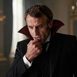 stolen footage, of emmanuel macron as dracula thirst for blood, long canines,, vampire, eerie, cinematic, movie still, emmanuel macron, fantasy, natural light, blood, sharp focus, dark ambience, natural light