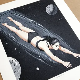 screen print, a young woman swimming in space, loish ( ( karolis strautniekas ) ), christopher balaskas, victo ngai, detailed, dynamic pose, halftone shaded, matte print, editorial illustration
