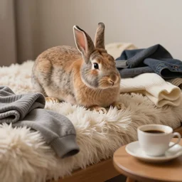 A rabbit on a fuzzy bed, clothes pile besides, warm coffee on a table, professional digital art, trending on Artstation, 4k, high-resolution