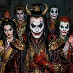 photorealistic portrait of evil looking christopher lee wearing intricate shao khan costume, bizarre voodoo makeup, clown makeup, by amano, karol bak, greg rutkowski, and akira toriyama, tonalism, hyperrealistic, artgerm, concept art, masterpiece.