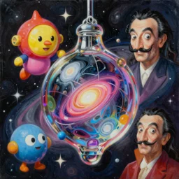 an extremely high quality hd surrealism painting of a 3d galactic neon complimentary-colored cartoon surrealism melting optically illusiony high-contrast zaha hadid surreal glass pendant by kandsky and salvia dali the second, salvador dali's much much much much more talented painter cousin, clear shapes, 8k, realistic shading, ultra realistic, super realistic