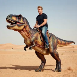 photo of conan o'brien riding a t - rex in morocco