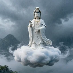 wenjun lin and ghibli digital illustration of a cloud - guanyin statue made of smoke and clouds in the air, rainstorm, summer ， mountain, unreal engine, hyper realism, realistic shading, cinematic composition, realistic render, octane render, detailed textures, photorealistic, wide shot