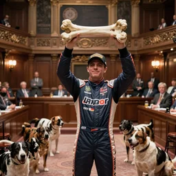 vfx movie nascar driver man covered in corporate sponsor logos holding up bone for pack of dogs in the u. s. senate, interior. by emmanuel lubezki