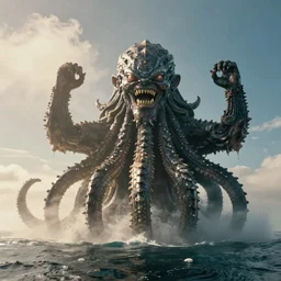 giant VFX movie of cthulhu rising out of the ocean in Malibu, towering over, 14mm morning natural light by Emmanuel Lubezki