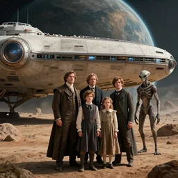 highly detailed, 256777216k film still from a sci fi blockbuster color movie made in 2019, set in 1860, of a family standing in front of a spaceship that has just landed on an alien planet, a humanoid alien creature stands nearby, the family are all wearing 1860s era clothes, good lighting, good photography, ultra high definition