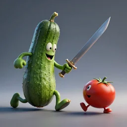 detailed 3 d render of a mad zucchini with a long sword chasing after a tomato character, hyper realistic octane render, cinematic lighting, wide angle, nightmare, adult pixar surrealism