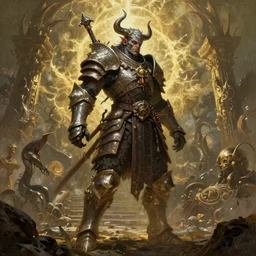 Elden Ring and Doom themed painting of hellscape human demon hybrid armored warrior, fantasy matte painting movie poster, golden ratio, trending on cgsociety, intricate, majestic, dark epic fantasy, trending on artstation, by H.R. Giger and Zdizslaw Beksinski, highly detailed, vibrant, cinematic quality character render; low angle; ultra high quality model; production quality cinema model
