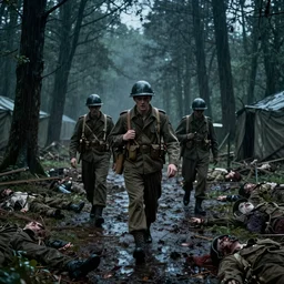 a movie still of wwii american soldiers walking into a deserted camp full of decomposing bodies in the middle of an eerie creepy dark forest, heavy rain, horror, highly detailed, dusk lighting, cooke lens 2 2 mm deep focus, horror, promotional photograph, smooth, sharp focus, golden ratio, dramatic illumination, ultra realistic, 4 k, shot by christopher nolan