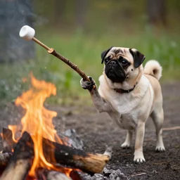 a puggle holding a stick with a marshmallow on the end over a campfire