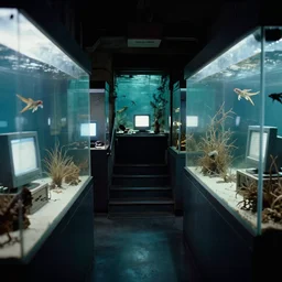 spooky creepy liminal space, display case, aquatic exhibition science museum, dried aquarium, bright computer screens, backroom stairs leading down under water, photo taken on 1 9 8 0 s fujifilm superia