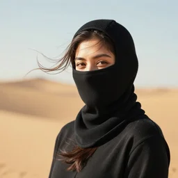 female balaclava photography portrait, desert wind