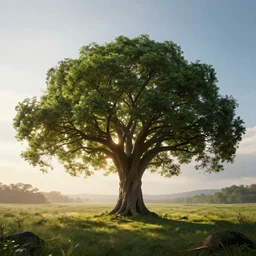 a serene landscape with a powerful ( tree ) of life in the middle, volumetric illumination, octane render, cinematic lightning, 8 k