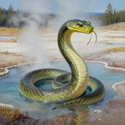 snake - like dragon sitting in a hotspring at yellowstone national park, highly detailed oil painting, featured on artstation