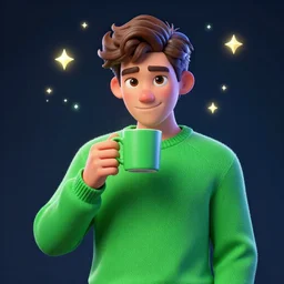 portrait of a ( ( ( grande y verde una taza de cafe ) ) ), ( ( dotado futuristic guapo y joven espanol alegre ) ), tomande cafe, lleno de estrellas y magia, 3 d photorealistic, concept character, by filip hodas, trending on artstation