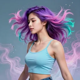 a award winning half body portrait of a beautiful woman in a croptop with a ombre purple pink teal hairstyle with head in motion and hair flying, water bubbles, outrun, vaporware, vivid colors, highly detailed, fine detail, intricate