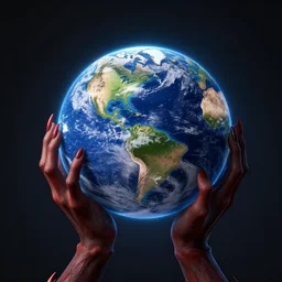 two demonic hands hold planet earth, artstation