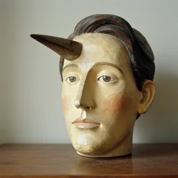 by vivian maier, by richard scarry cosy, composed. a beautiful kinetic sculpture of a human face with a bird's beak protruding from the forehead.