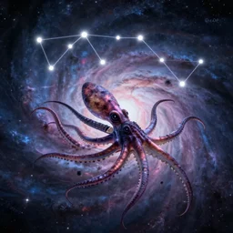 a giant squid constellation flying through a nebula by WLOP and tony sart, fantasy art, 4k, HDR, photorealistic, 8k, trending on artstation