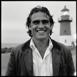 the portrait of grinning drunken joaquin phoenix with sideburns weared in white shirt and old jacket, still frame from the lighthouse ( 2 0 1 9 ) movie by bela tarr, anamorphic lens, hasseblad, black and white film, optical flares, 8 k