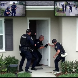 security camera footage of swat team entering house, police breaking down door, cctv outside footage, armed police ambush, grainy film