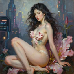 a beautiful 4K portrait painting of a flower goddess in a sensual pose, in the style dan mumford artwork, in the background a futuristic cyberpunk city is seen.