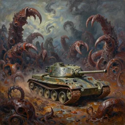 oil painting nightmare army tanks clawed chaos landscape fecund afraid of tank treads hooped around rustscape in primoridal slimes in mollusk skins, terror by francesco blanc 1 9 7 1, richard m powers landscape art, terrified by enric torres, colors via jack gaughan