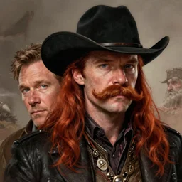 portrait close - up, karl urban stephen fry, drunk cowboy redhead long hair, big moustache, black stetson and coat, dusty background, marvel comics, dark, intricate, highly detailed, smooth, artstation, digital illustration, ruan jia, rutkowski, albert bierstadt, frank tenney johnson