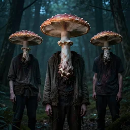 people with mushrooms as heads, atmosphere, creepy