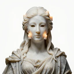 a renaissance wax goddess in occult full-face mask covered with many candles, highly detailed marble cloth, gi, global illumination, physically based rendering, photorealistic, top light, by Livio Scarpella, Urs Fischer, Jin Shan, Mooniq Priem, white background