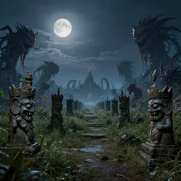 a photograph of an overgrown archeological site with demon statues, scary creatures, cosmic horror, sharp focus, cinematic, distant shot, moonlight, detailed, 4 k, octane render, deviantart, by lee madgwick