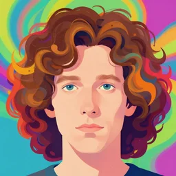 a colorful vibrants closeup portrait of a simple caucasian man with curly mid length brown hair with a calm aesthetic face and dreaming psychedelic hair, by kawase hasui, moebius, edward hopper and james gilleard, zdzislaw beksinski, steven outram colorful flat surreal design, hd, 8 k, artstation