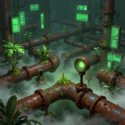 plants growing out of old rusty pipes in a labyrinth, green neon signs, ground covered in mist, detailed cyberpunk illustration